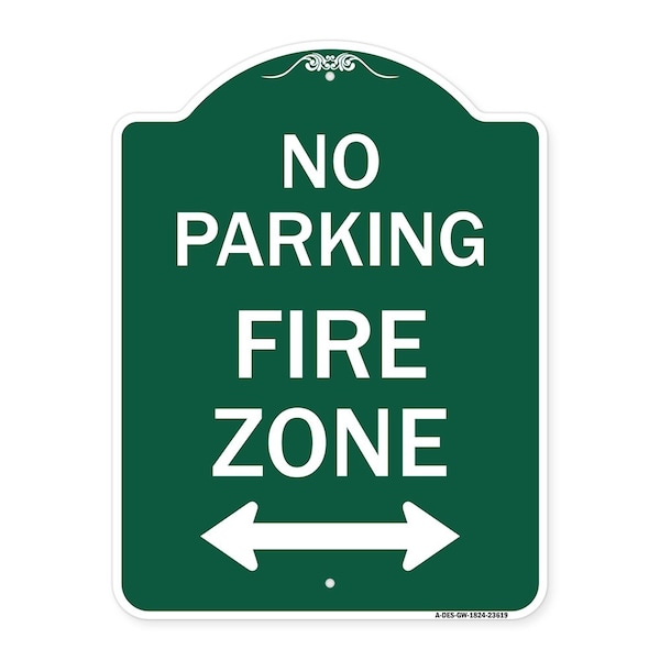 Signmission No Parking Fire Zone W/ Bidirectional Arrow, Green & White Aluminum Sign, 18" x 24", GW-1824-23619 A-DES-GW-1824-23619 - main